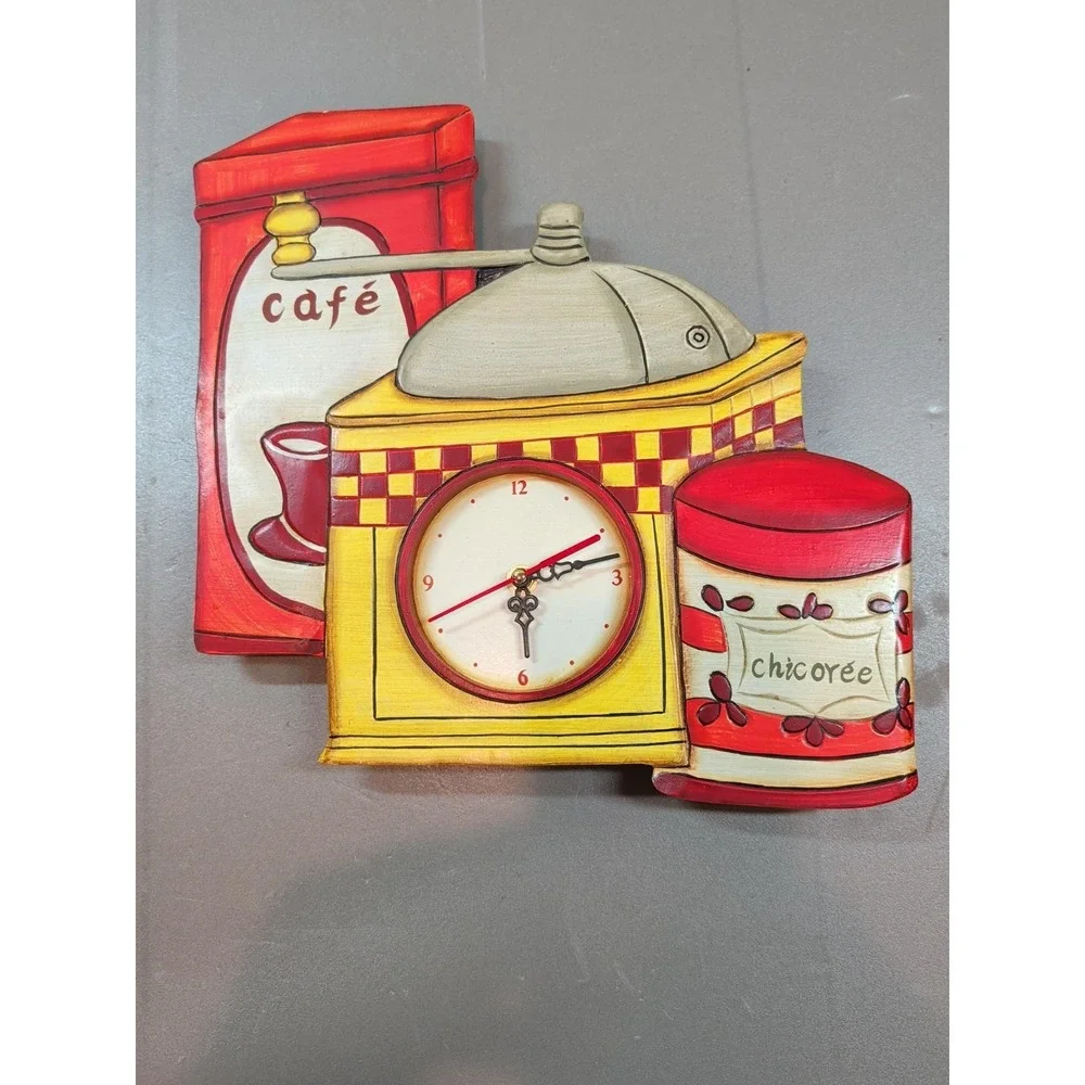 Giftcraft Vintage Kitchen Wall Clock Coffee Grinder Cafe Wood Hand Painted Red